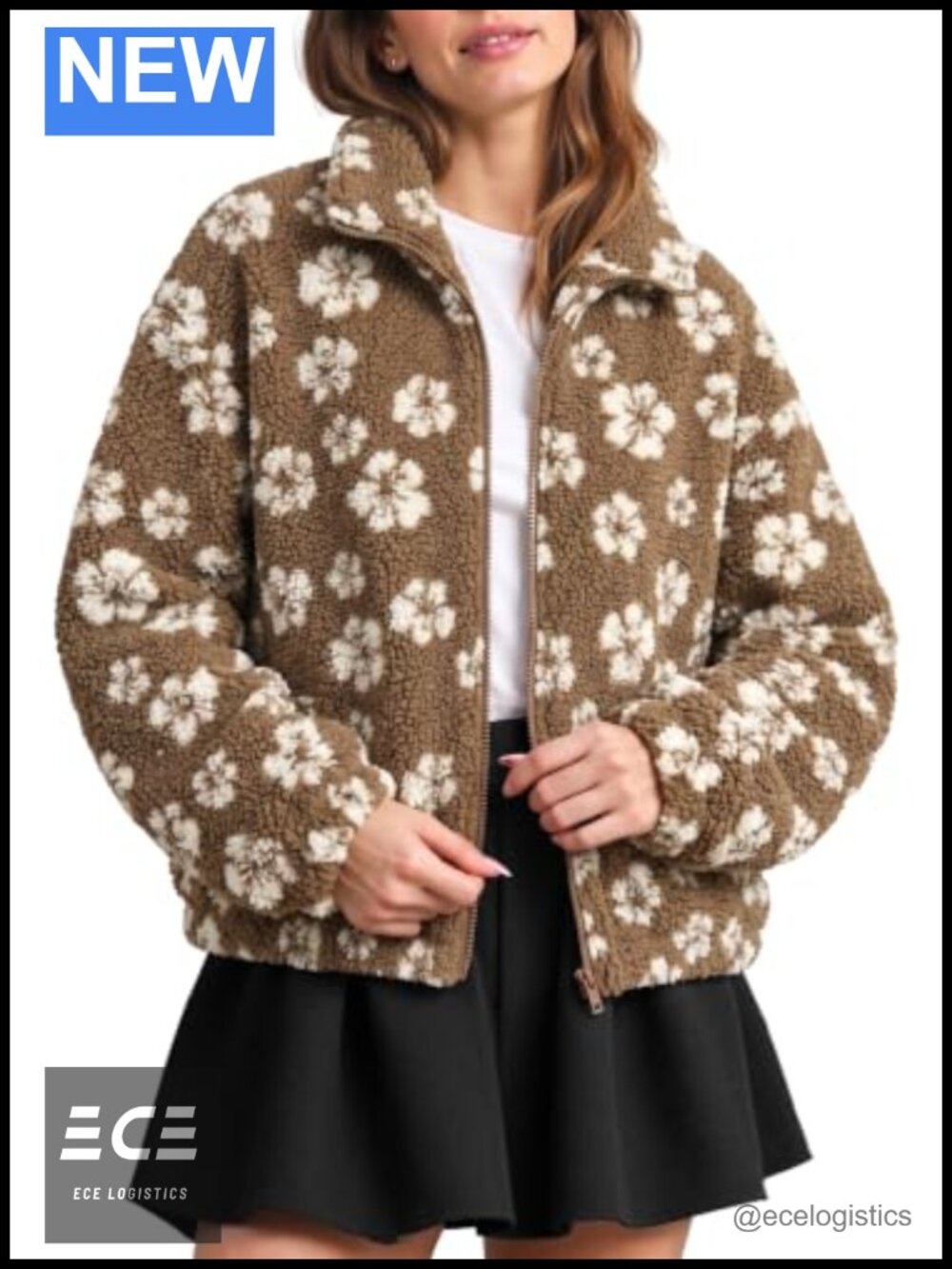 Floral Sherpa Fleece Zip Up Jacket Women's Winter Coat